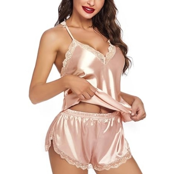Nightwear Satin Pajamas Set Sleepwear Womens Sexy Lingerie Champagne - Picture 4 of 9